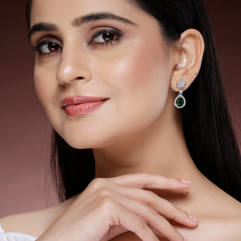 Rhodium Plated Silver Toned Green American Diamond Small Drop Earrings