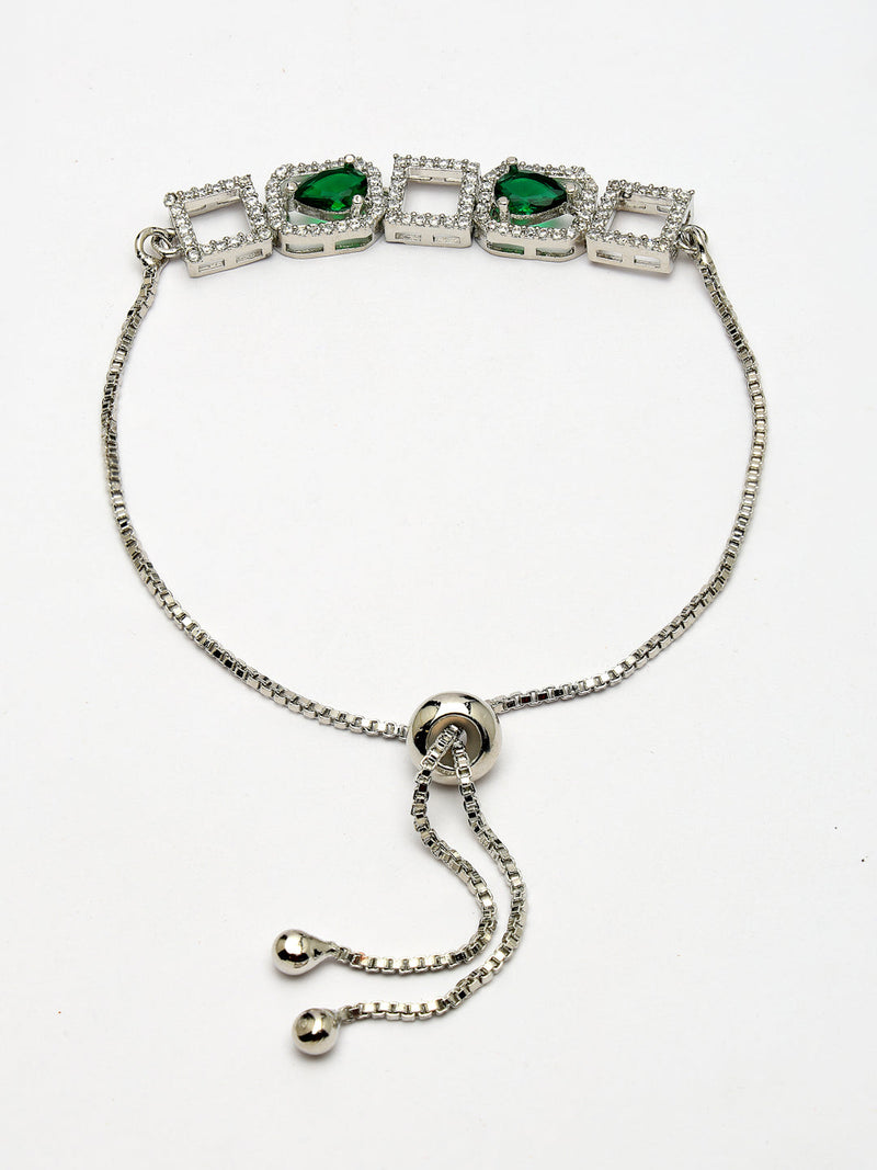Rhodium Plated Silver Toned White Square Cut Green Teardrop American Diamond  Studded Wraparound Adjustable Bracelet
