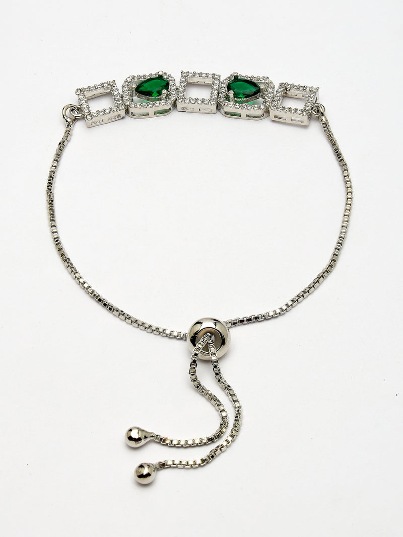Rhodium Plated Silver Toned White Square Cut Green Teardrop American Diamond  Studded Wraparound Adjustable Bracelet