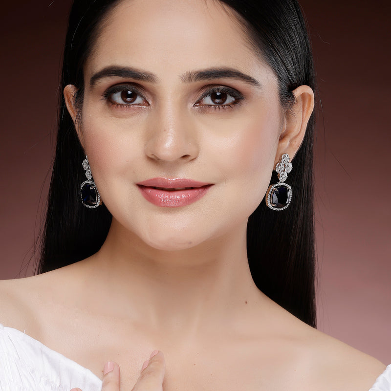 Rhodium Plated Silver Toned with Blue American Diamond Small Drop Earrings