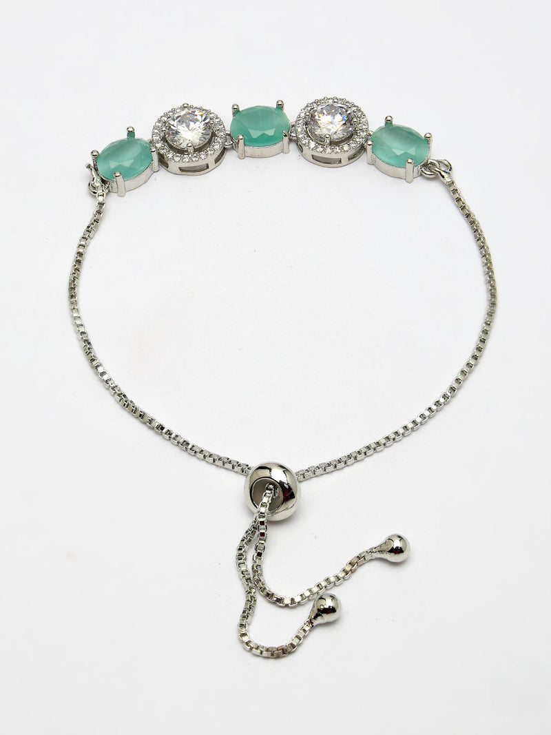 Rhodium Plated Silver Toned White Round & Mint Green Oval AD Studded Wraparound Adjustable Bracelet