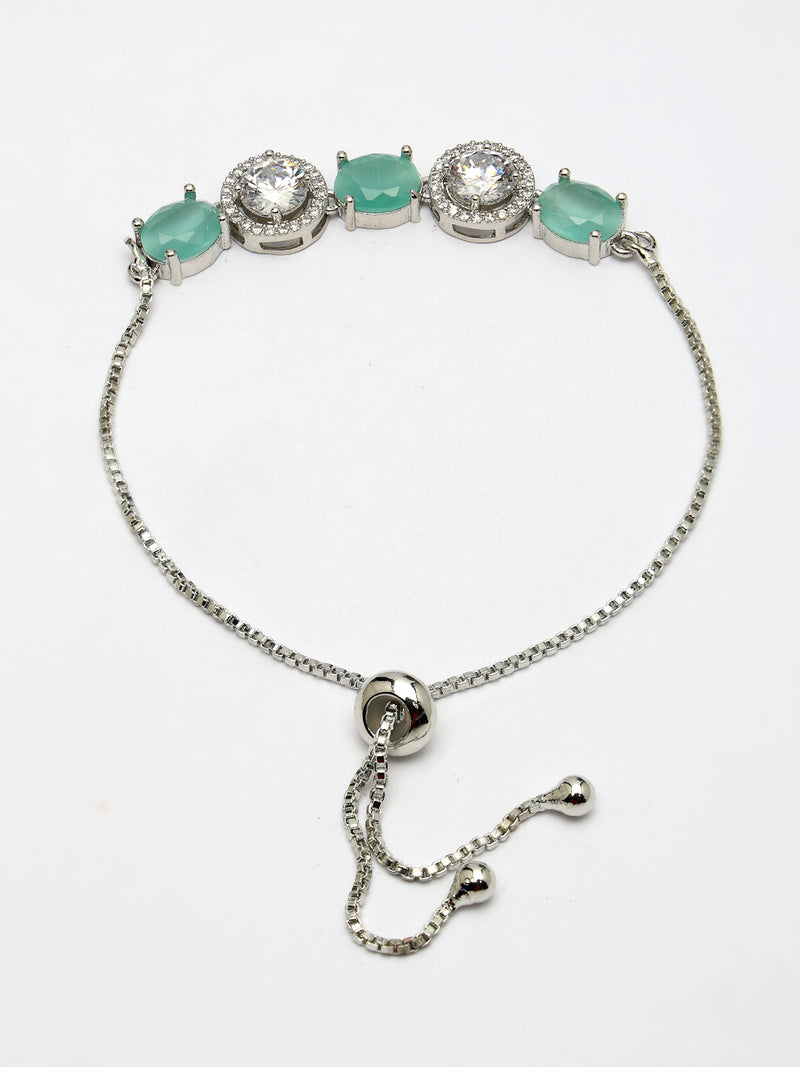 Rhodium Plated Silver Toned White Round & Mint Green Oval AD Studded Wraparound Adjustable Bracelet