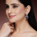 Rhodium Plated Cushion Cut Blue American Diamond Contemporary Long Drop Earrings