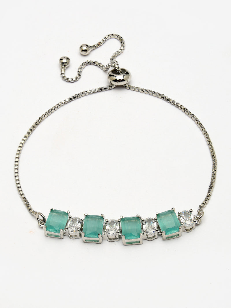 Rhodium Plated Silver Toned White Round & Mint Green Square Cut AD Studded Bracelet | Wraparound Adjustable Bracelet