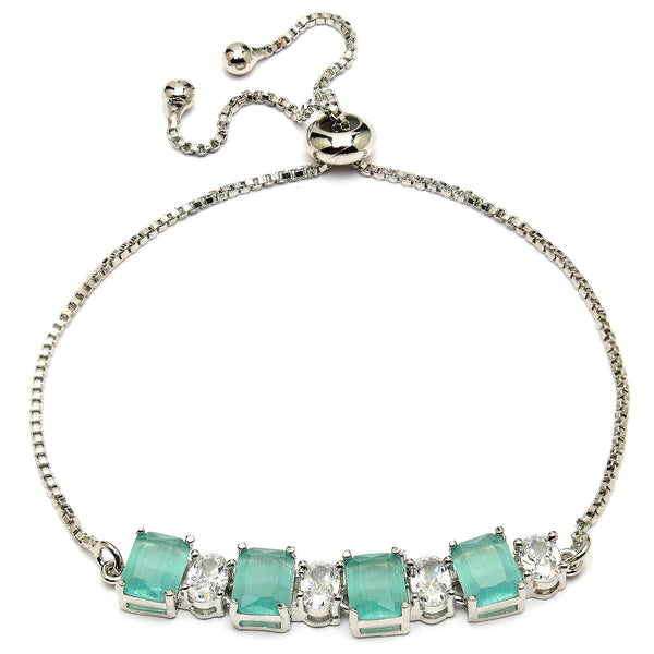 Rhodium Plated Silver Toned White Round & Mint Green Square Cut AD Studded Bracelet | Wraparound Adjustable Bracelet