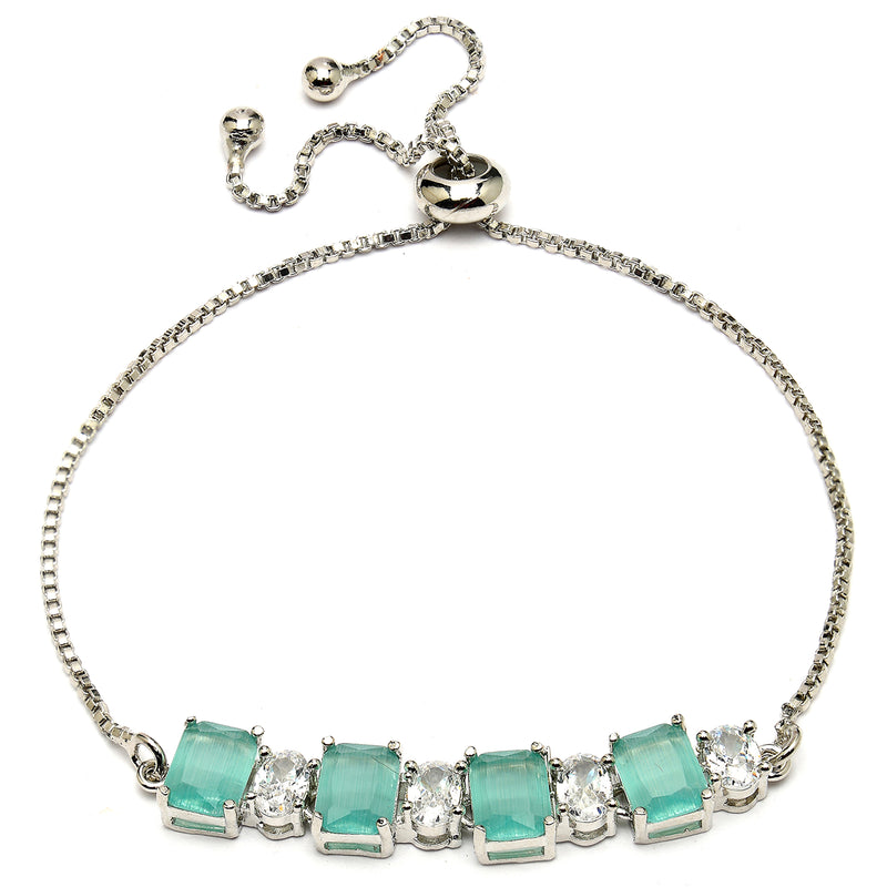 Rhodium Plated Silver Toned White Round & Mint Green Square Cut AD Studded Bracelet | Wraparound Adjustable Bracelet