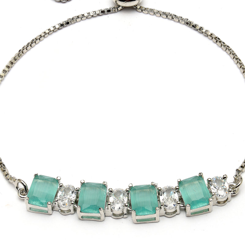 Rhodium Plated Silver Toned White Round & Mint Green Square Cut AD Studded Bracelet | Wraparound Adjustable Bracelet