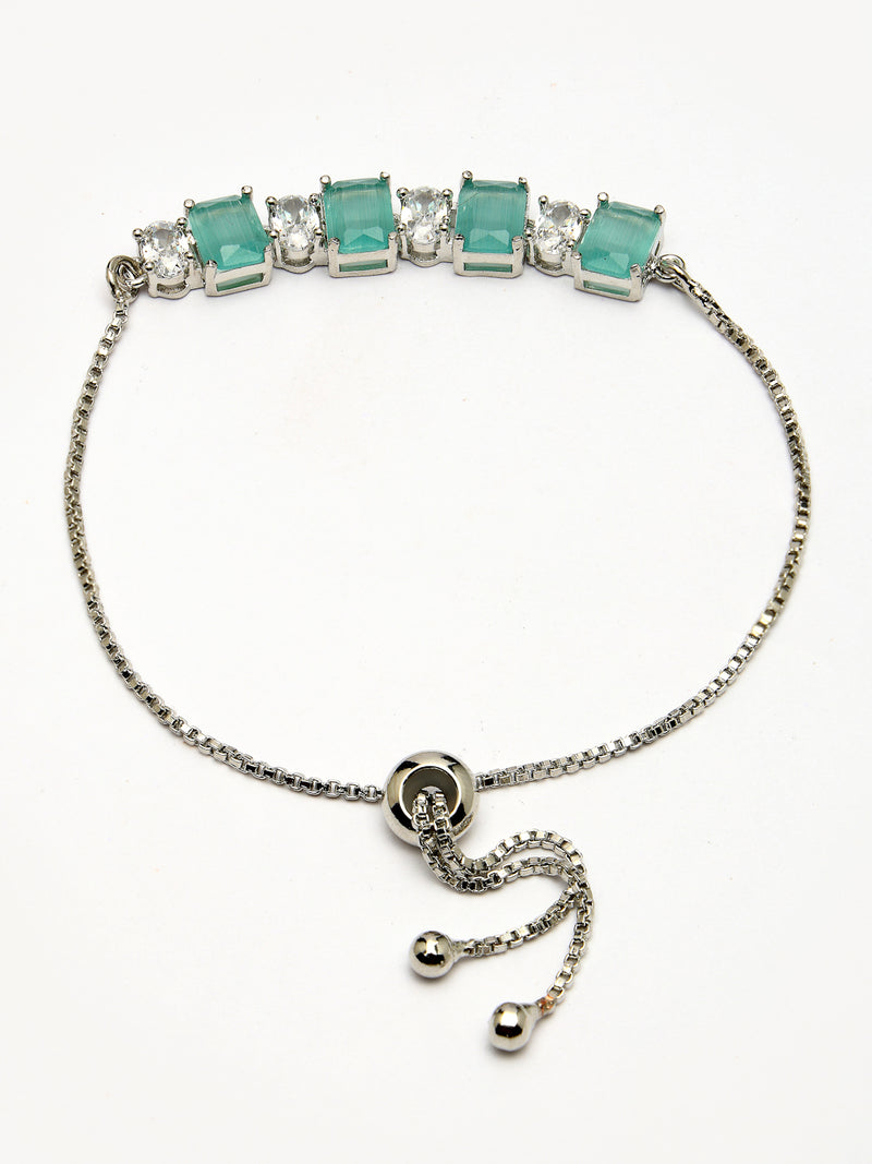 Rhodium Plated Silver Toned White Round & Mint Green Square Cut AD Studded Bracelet | Wraparound Adjustable Bracelet