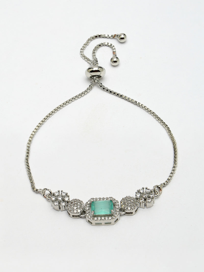 Rhodium Plated Silver Toned Mint Green Square Centerpiece Ad Studded Bracelet With Beads & Floral Accents Wraparound Adjustable Bracelet