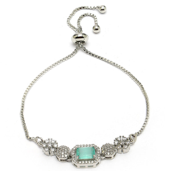 Rhodium Plated Silver Toned Mint Green Square Centerpiece Ad Studded Bracelet With Beads & Floral Accents Wraparound Adjustable Bracelet