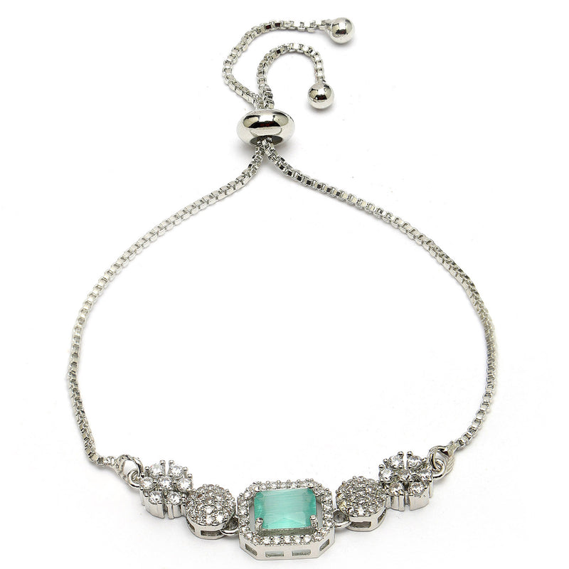 Rhodium Plated Silver Toned Mint Green Square Centerpiece Ad Studded Bracelet With Beads & Floral Accents Wraparound Adjustable Bracelet