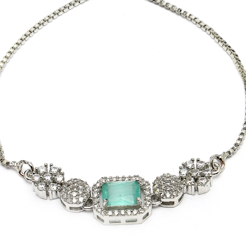 Rhodium Plated Silver Toned Mint Green Square Centerpiece Ad Studded Bracelet With Beads & Floral Accents Wraparound Adjustable Bracelet