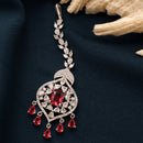 Rhodium Plated Silver Toned Leaf Teardrop Shaped Red American Diamond Studded Maang Tikka