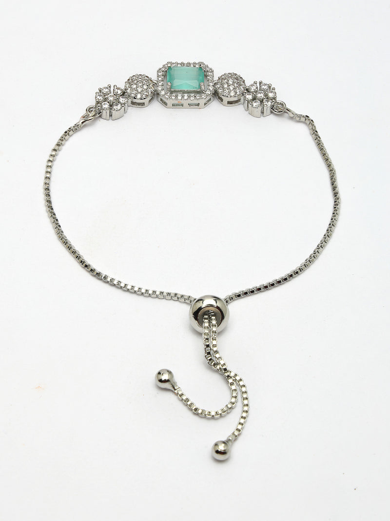Rhodium Plated Silver Toned Mint Green Square Centerpiece Ad Studded Bracelet With Beads & Floral Accents Wraparound Adjustable Bracelet