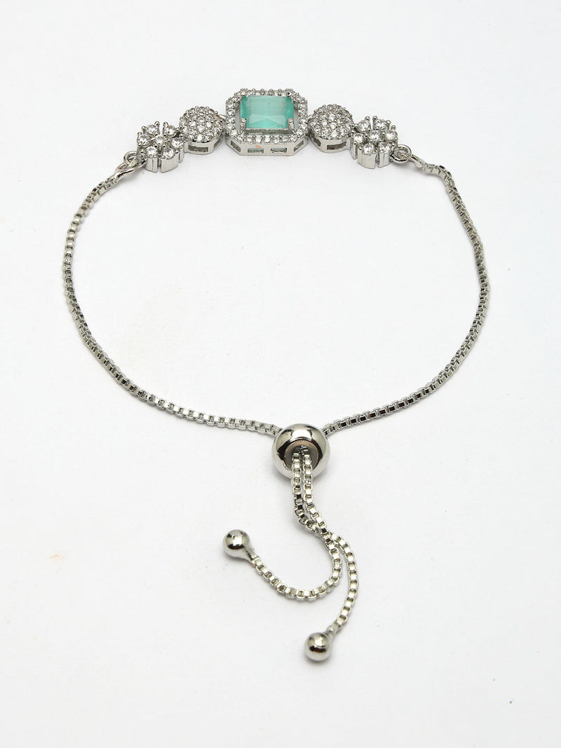 Rhodium Plated Silver Toned Mint Green Square Centerpiece Ad Studded Bracelet With Beads & Floral Accents Wraparound Adjustable Bracelet