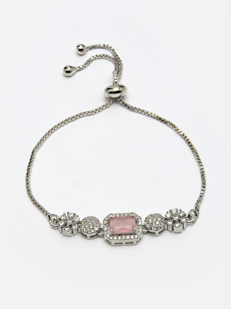 Rhodium Plated Silver Toned Pink Square Centerpiece Ad Studded Bracelet With Beads & Floral Accents Wraparound Adjustable Bracelet