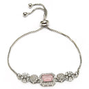 Rhodium Plated Silver Toned Pink Square Centerpiece Ad Studded Bracelet With Beads & Floral Accents Wraparound Adjustable Bracelet
