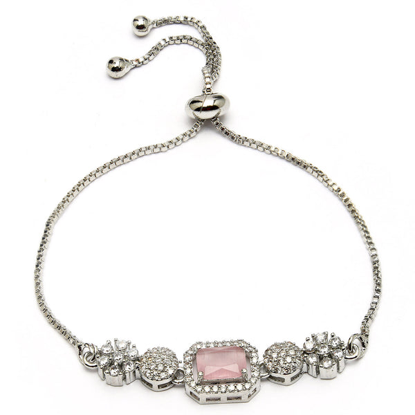 Rhodium Plated Silver Toned Pink Square Centerpiece Ad Studded Bracelet With Beads & Floral Accents Wraparound Adjustable Bracelet