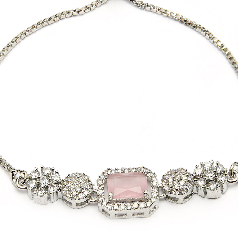 Rhodium Plated Silver Toned Pink Square Centerpiece Ad Studded Bracelet With Beads & Floral Accents Wraparound Adjustable Bracelet
