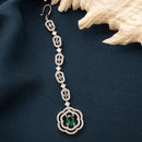 Rhodium Plated Silver Toned Round Floral Green American Diamond Studded Maang Tikka