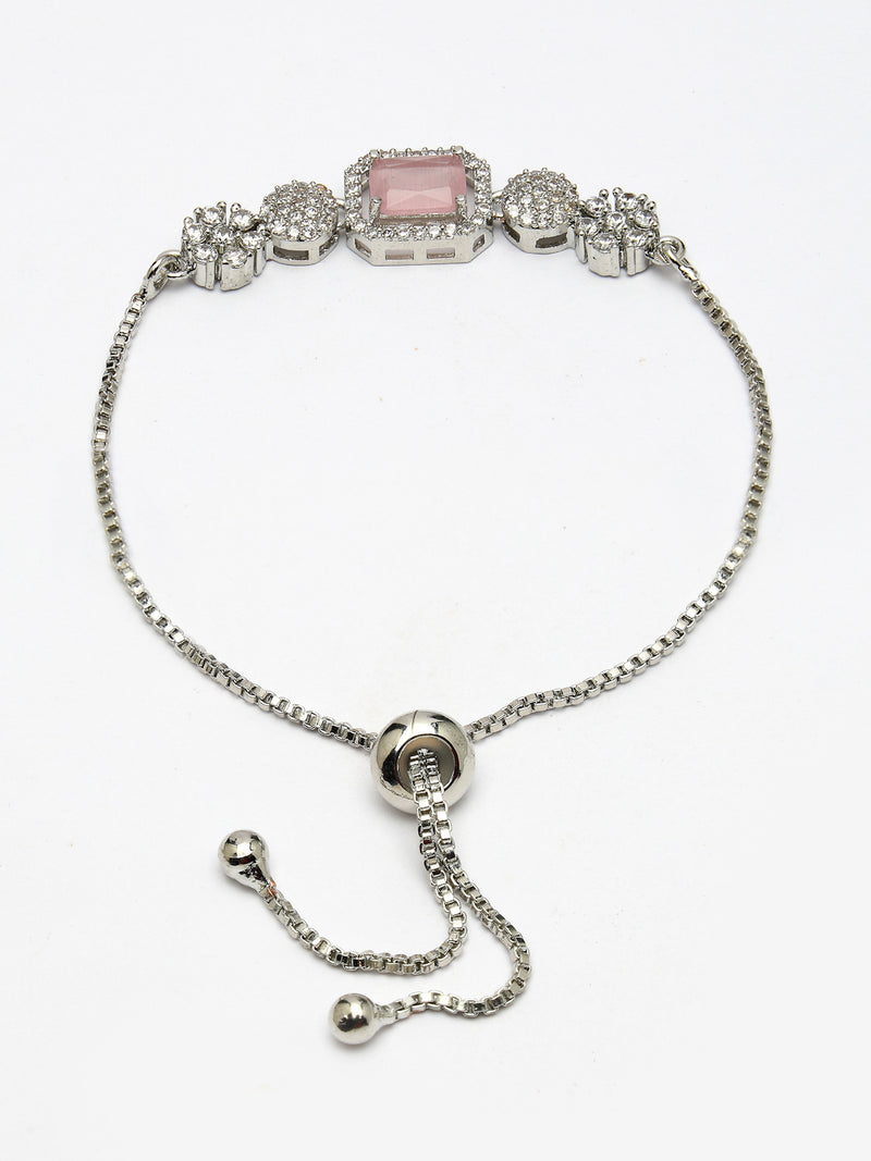 Rhodium Plated Silver Toned Pink Square Centerpiece Ad Studded Bracelet With Beads & Floral Accents Wraparound Adjustable Bracelet