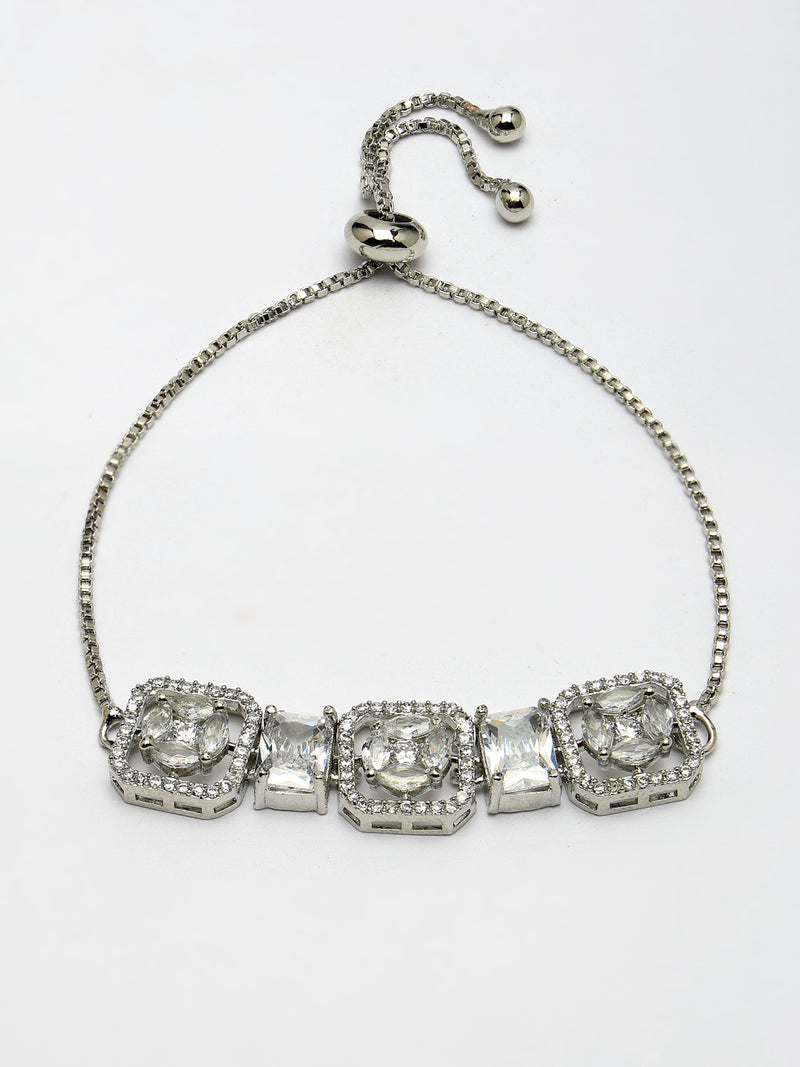 Rhodium Plated Silver Toned White Round & Rectangle American Diamond Studded Wraparound Adjustable Bracelet