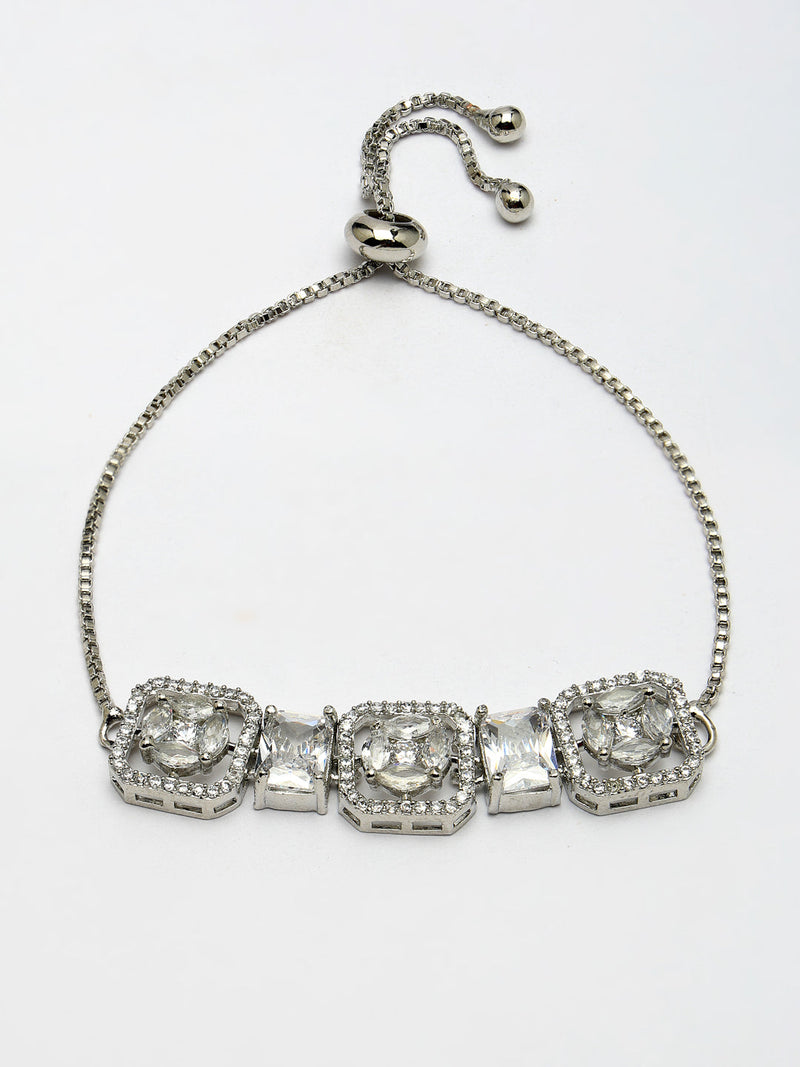Rhodium Plated Silver Toned White Round & Rectangle American Diamond Studded Wraparound Adjustable Bracelet