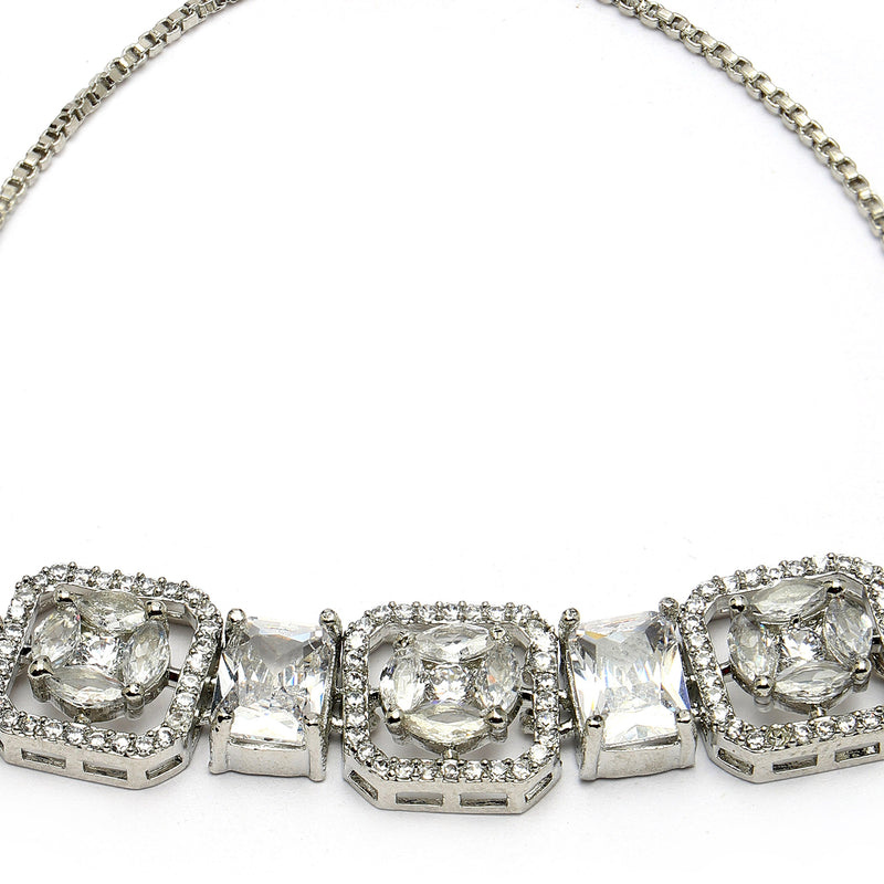 Rhodium Plated Silver Toned White Round & Rectangle American Diamond Studded Wraparound Adjustable Bracelet