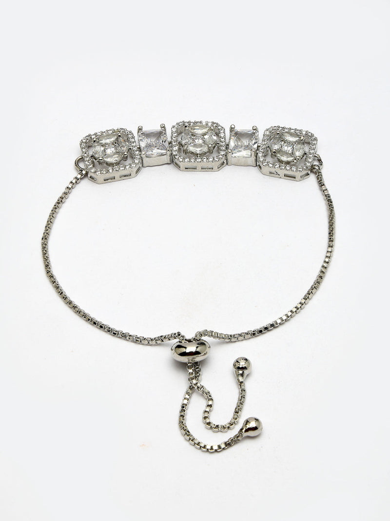 Rhodium Plated Silver Toned White Round & Rectangle American Diamond Studded Wraparound Adjustable Bracelet