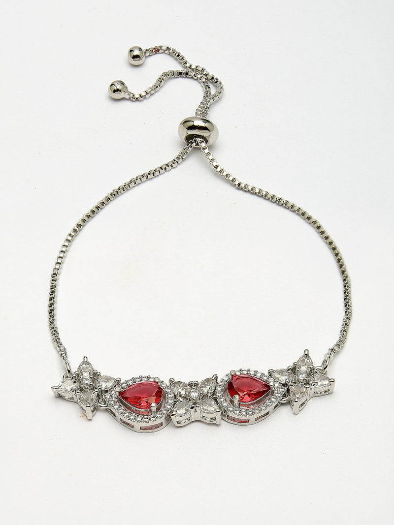 Rhodium Plated Silver Toned White Flower & Red Teardrop AD Studded Wraparound Adjustable Bracelet