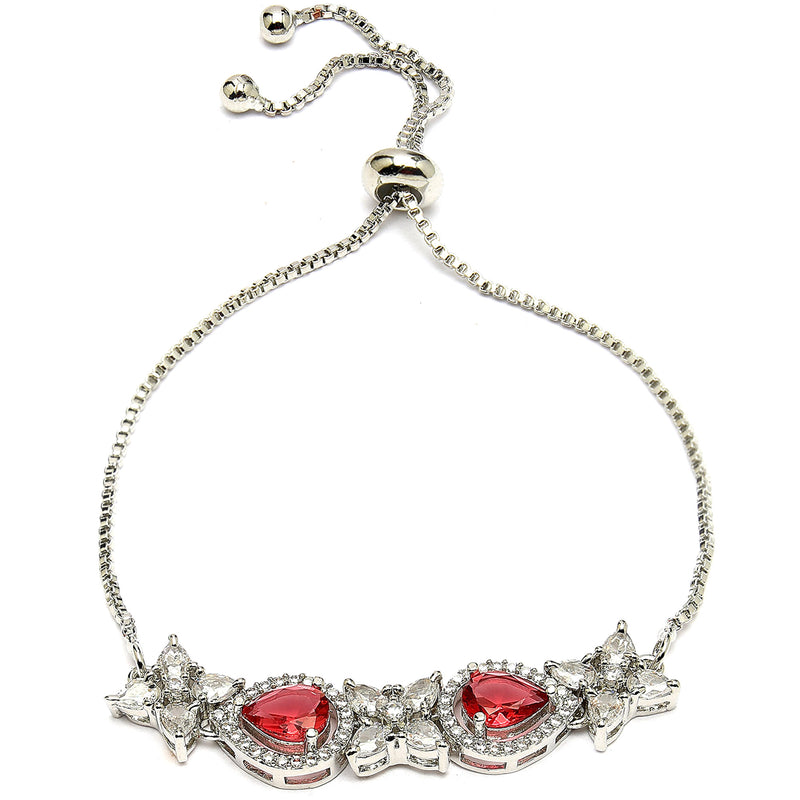 Rhodium Plated Silver Toned White Flower & Red Teardrop AD Studded Wraparound Adjustable Bracelet