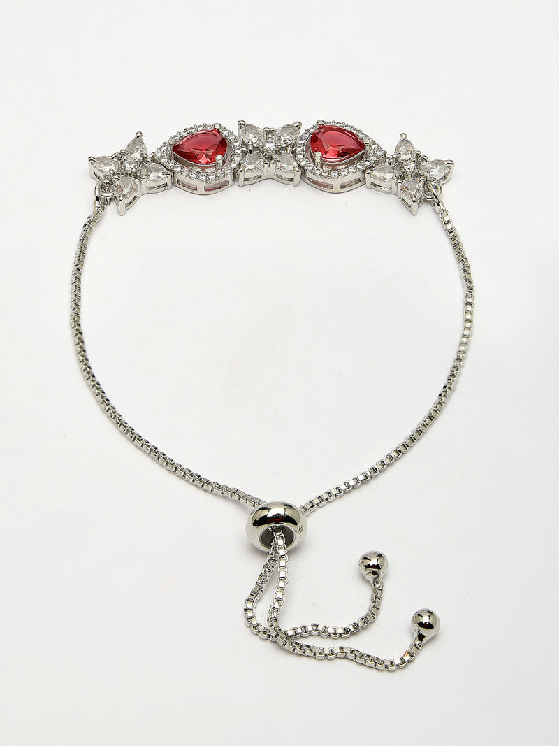 Rhodium Plated Silver Toned White Flower & Red Teardrop AD Studded Wraparound Adjustable Bracelet
