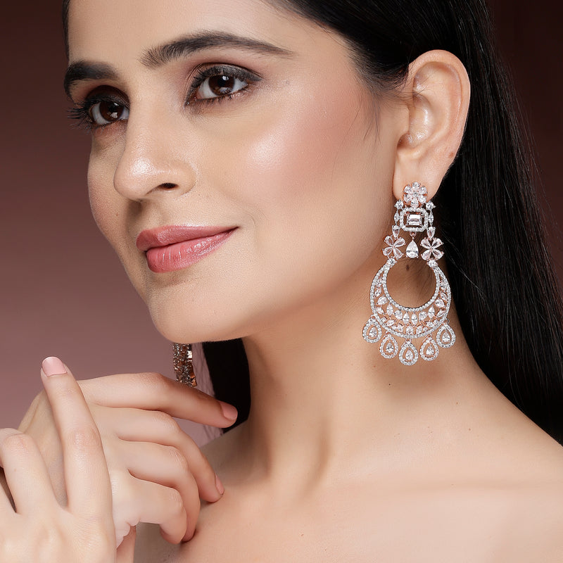 Rose Gold Plated with Tiny White American Diamond Dangler Earrings
