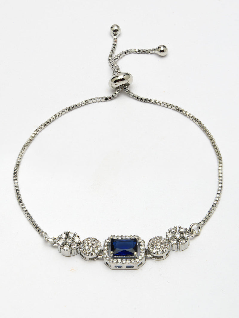 Rhodium Plated Silver Toned Blue Square Centerpiece Ad Studded Bracelet With Beads & Floral Accents  Wraparound Adjustable Bracelet