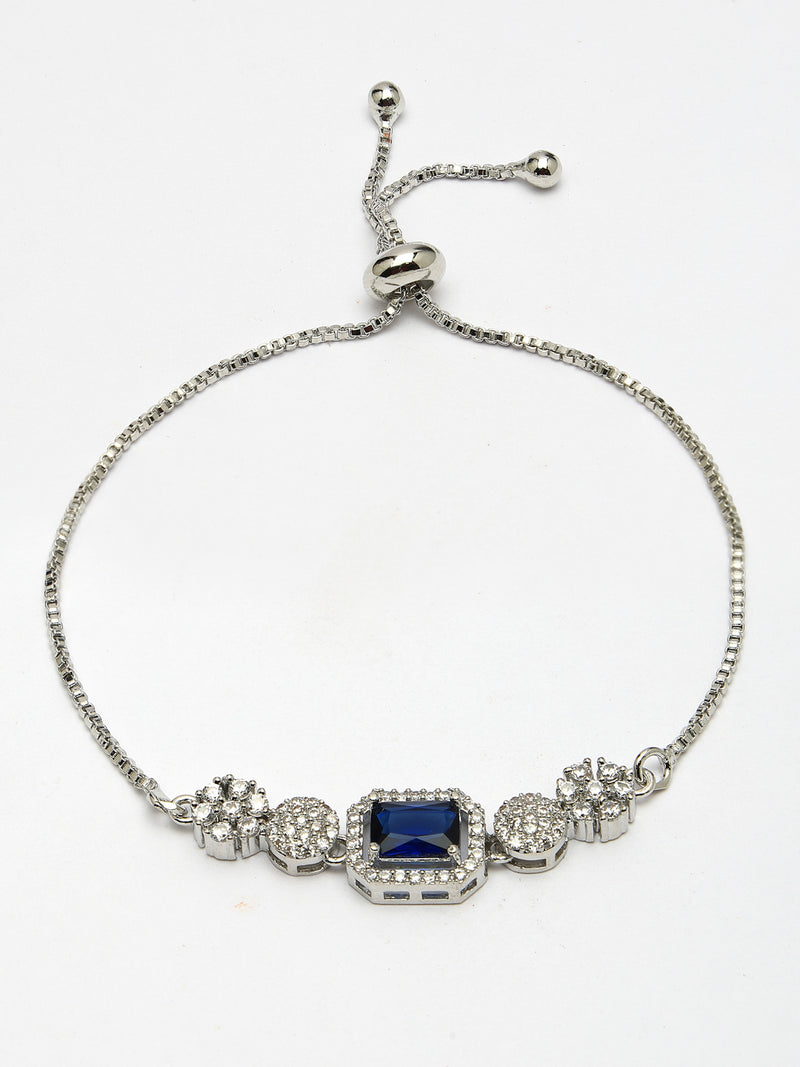Rhodium Plated Silver Toned Blue Square Centerpiece Ad Studded Bracelet With Beads & Floral Accents  Wraparound Adjustable Bracelet