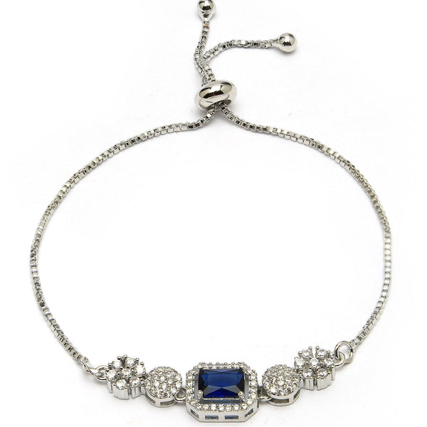 Rhodium Plated Silver Toned Blue Square Centerpiece Ad Studded Bracelet With Beads & Floral Accents  Wraparound Adjustable Bracelet