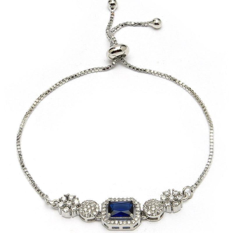 Rhodium Plated Silver Toned Blue Square Centerpiece Ad Studded Bracelet With Beads & Floral Accents  Wraparound Adjustable Bracelet