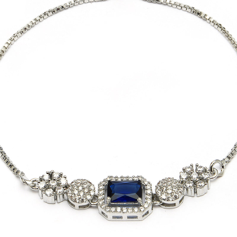 Rhodium Plated Silver Toned Blue Square Centerpiece Ad Studded Bracelet With Beads & Floral Accents  Wraparound Adjustable Bracelet
