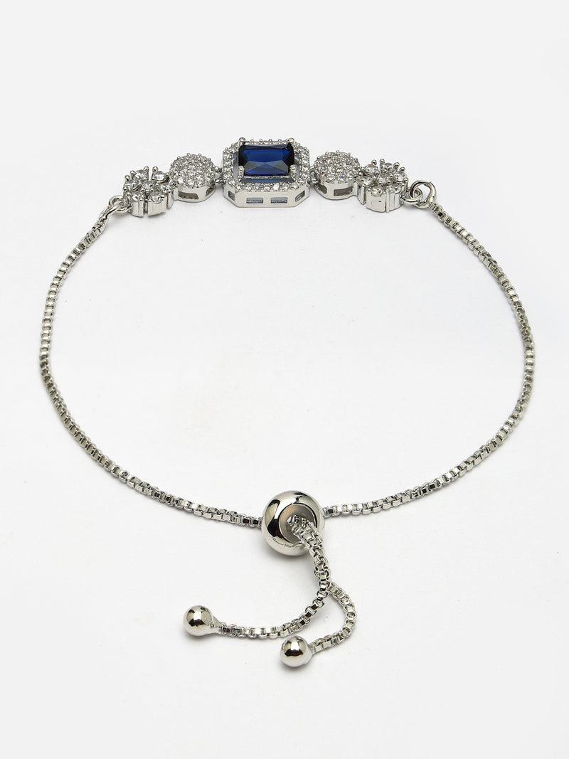 Rhodium Plated Silver Toned Blue Square Centerpiece Ad Studded Bracelet With Beads & Floral Accents  Wraparound Adjustable Bracelet