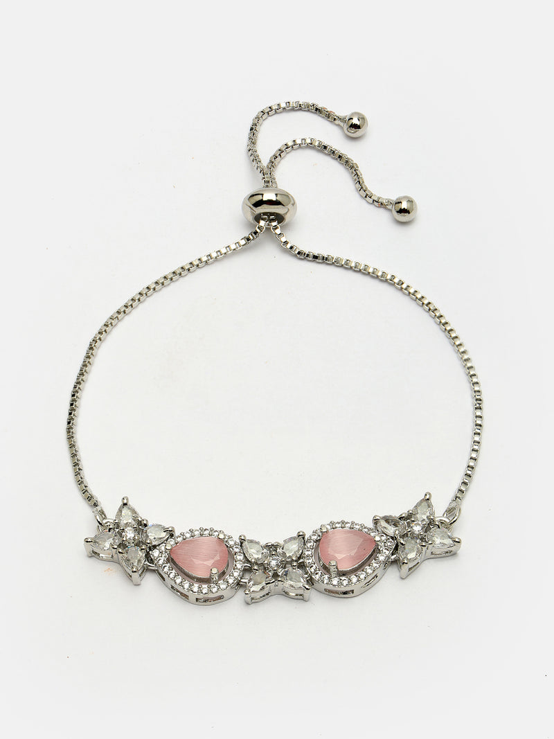 Rhodium Plated Silver Toned White Flower & Pink Teardrop American Diamond Studded  Wraparound Adjustable Bracelet