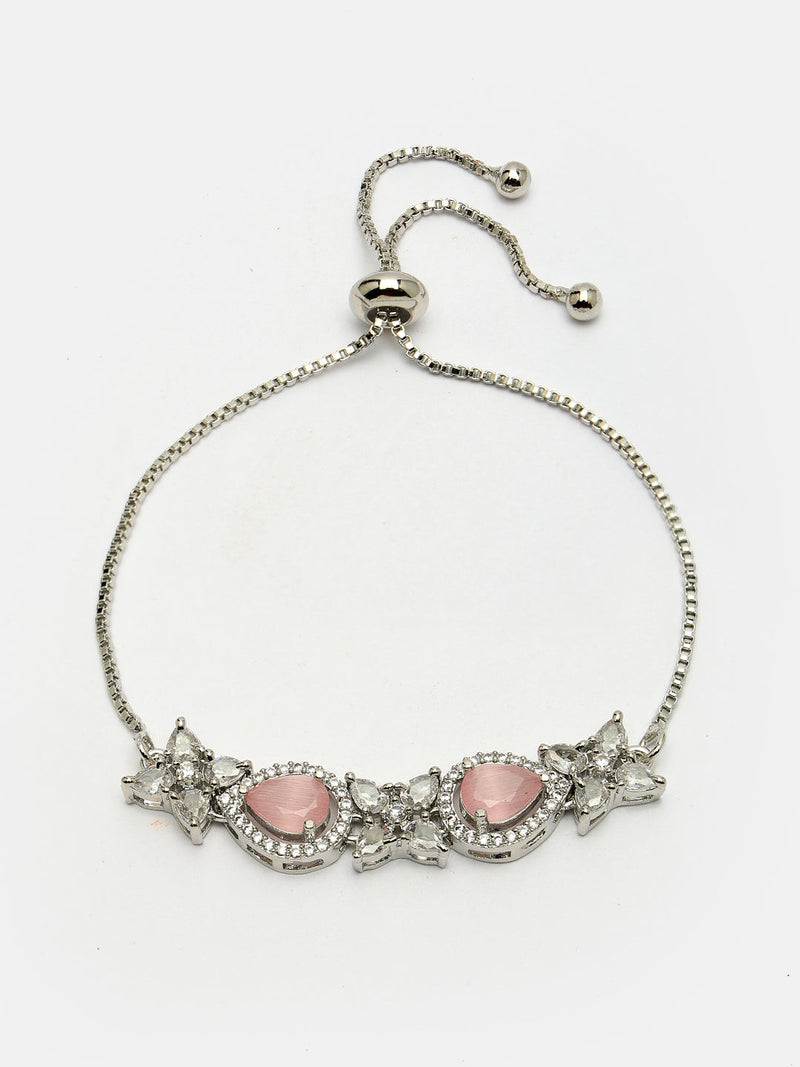 Rhodium Plated Silver Toned White Flower & Pink Teardrop American Diamond Studded  Wraparound Adjustable Bracelet
