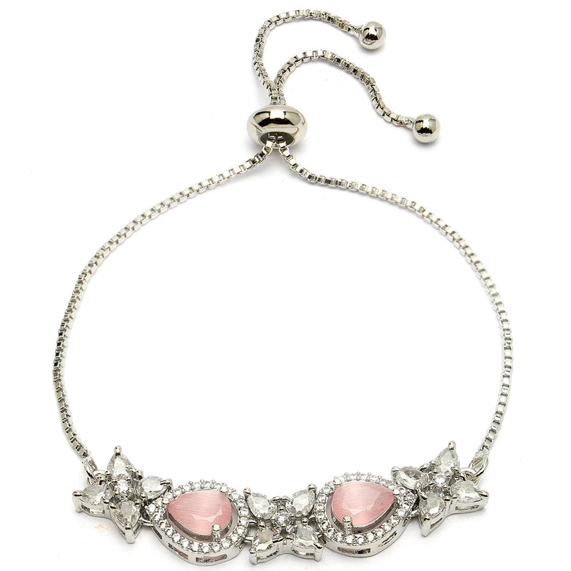 Rhodium Plated Silver Toned White Flower & Pink Teardrop American Diamond Studded  Wraparound Adjustable Bracelet