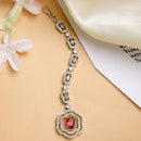 Rhodium Plated Silver Toned Floral Green American Diamond Studded Maang Tikka