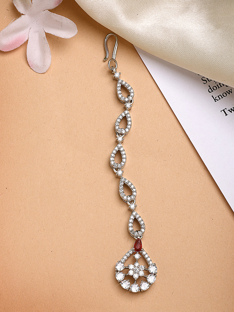 Rhodium Plated with Red & White American Diamond Studded Tear Drop Design Maang Tikka