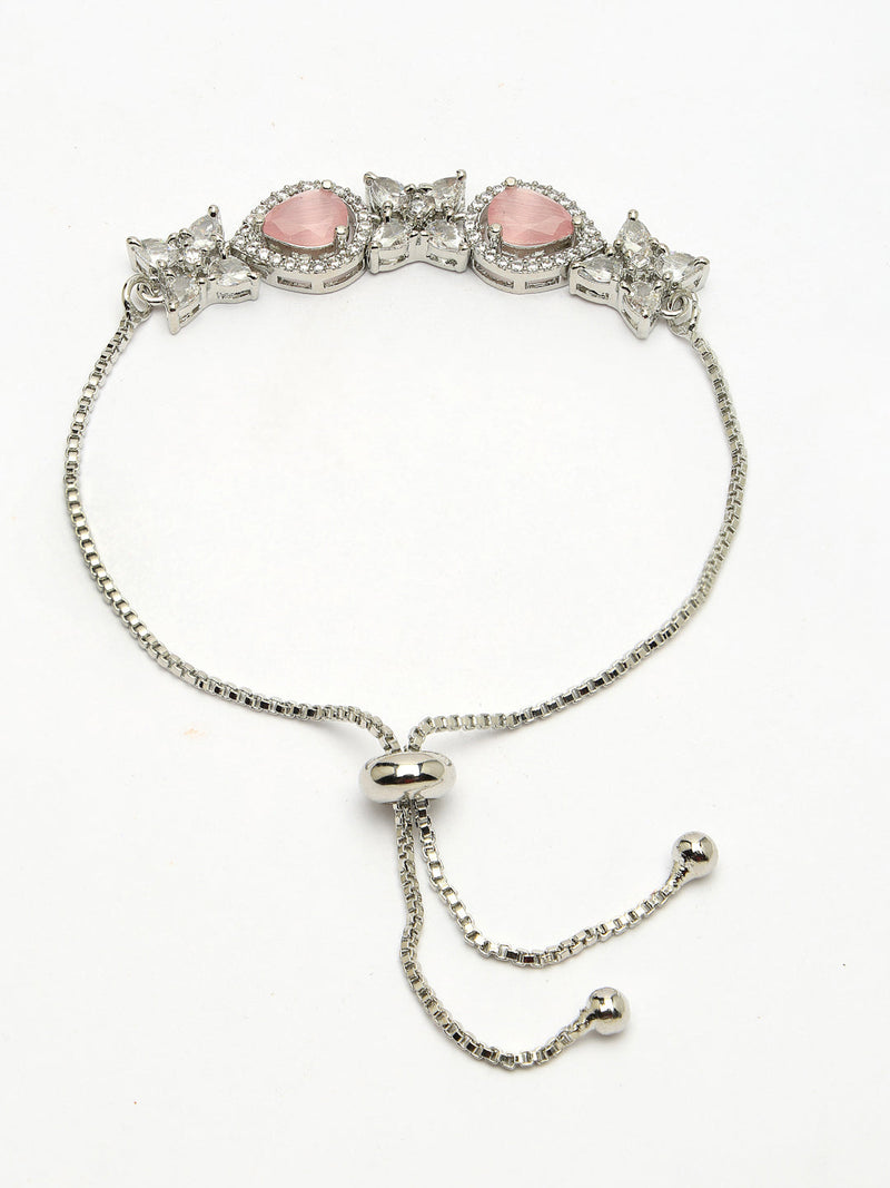 Rhodium Plated Silver Toned White Flower & Pink Teardrop American Diamond Studded  Wraparound Adjustable Bracelet