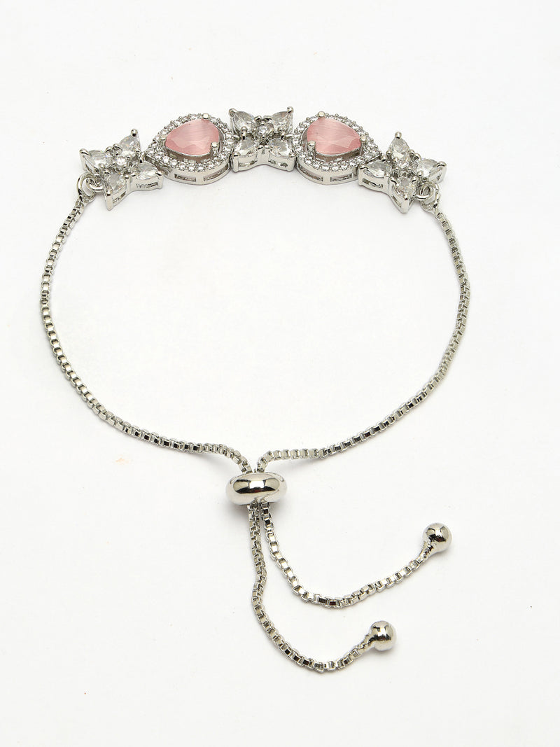 Rhodium Plated Silver Toned White Flower & Pink Teardrop American Diamond Studded  Wraparound Adjustable Bracelet