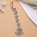 Rhodium Plated Silver Toned  Round & Teardrop Shaped Green American Diamond Studded Maang Tikka