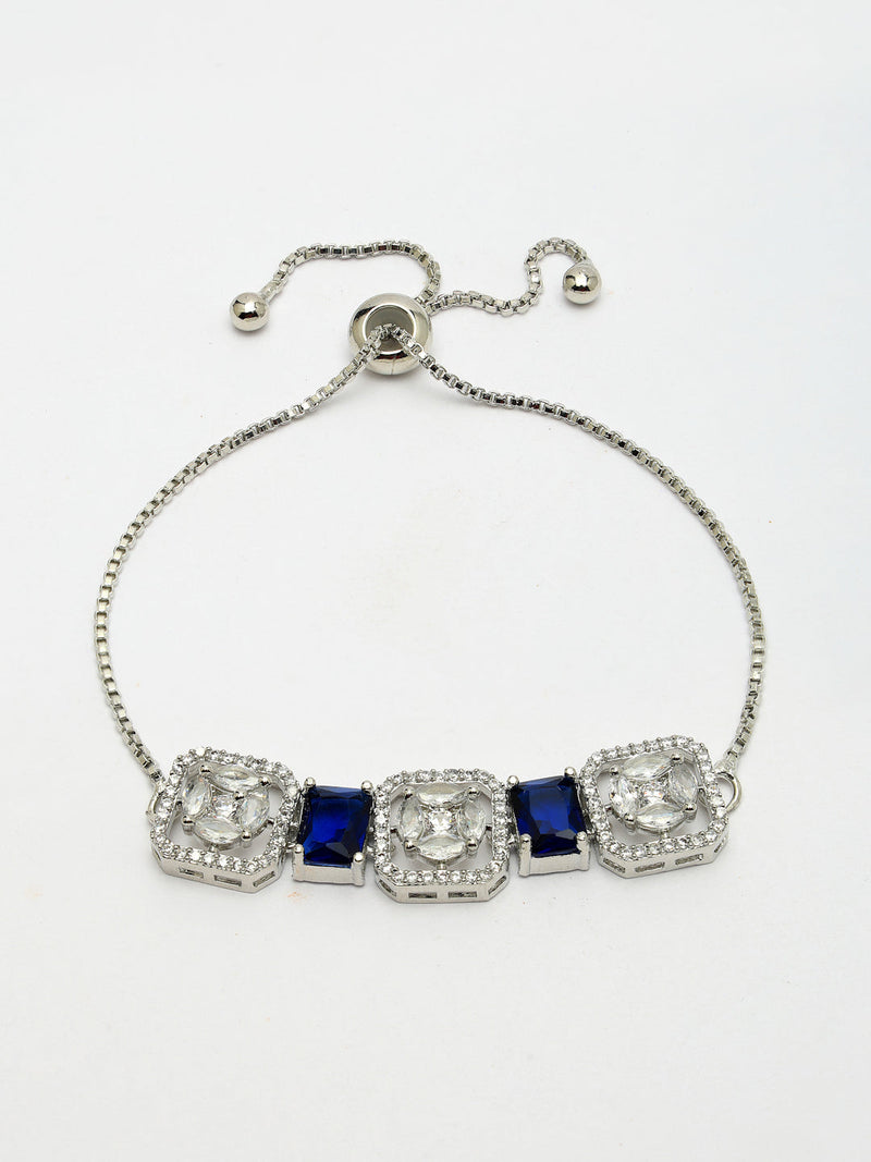 Rhodium Plated Silver Toned White Round & Blue Rectangle American Diamond Wraparound Adjustable Bracelet