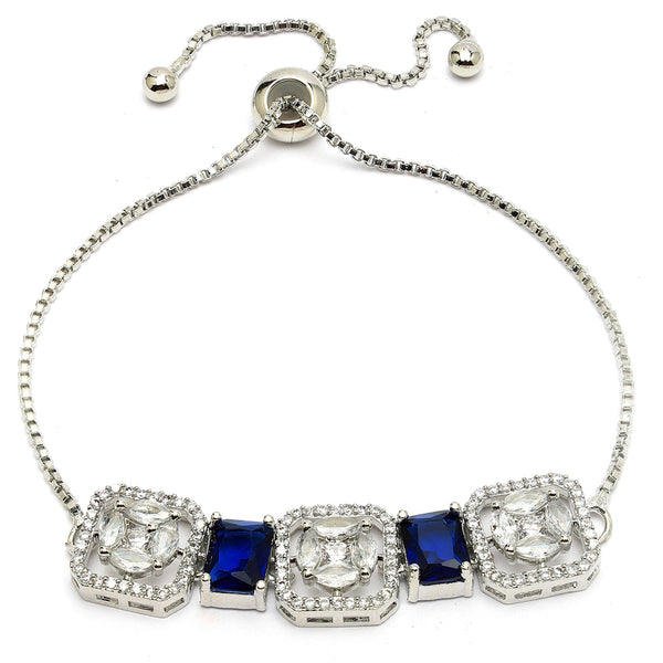 Rhodium Plated Silver Toned White Round & Blue Rectangle American Diamond Wraparound Adjustable Bracelet
