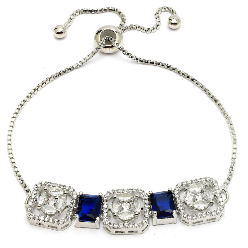 Rhodium Plated Silver Toned White Round & Blue Rectangle American Diamond Wraparound Adjustable Bracelet